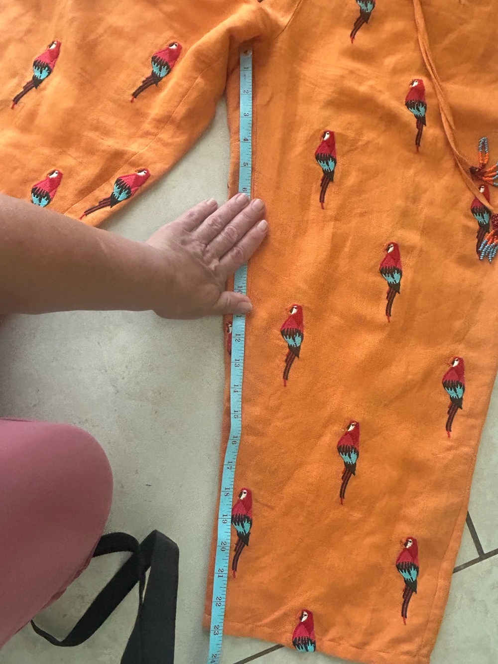 Farm Rio Linen Pants Embroidered Tropical Beach Parrot Beaded Tassel Large READ - Picture 17 of 17